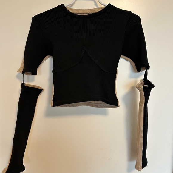 MANIÈRE DE VOIR RIBBED SPLIT SLEEVE TOP - BLACK/BEIGE SIZE 6 - Picture 3 of 7